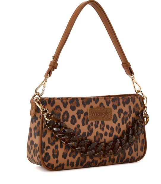 Wrangler Western Leopard Print Shoulder Bag with Chain Detail -Brown image