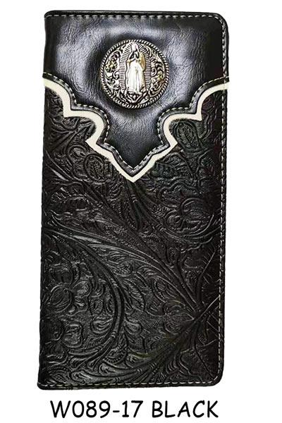 Flower Embroidery Long Bi-Fold Wallet With Concho - Black image