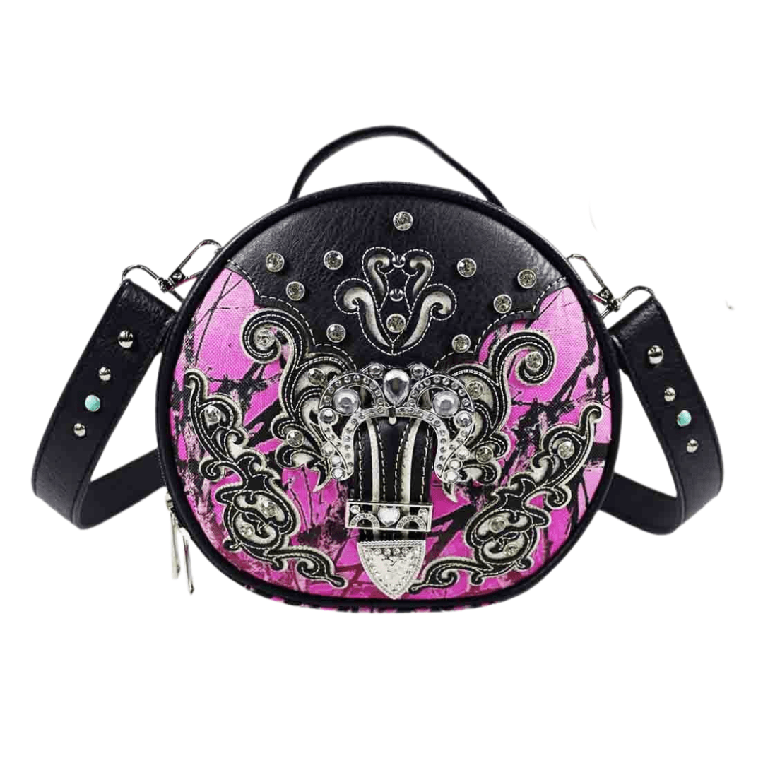 Western Bling Rhinestone Round Crossbody Bag - Pink image