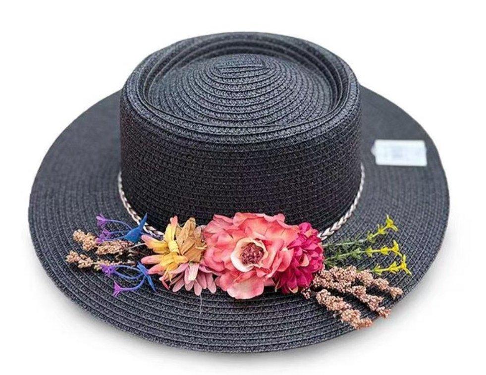 34 Flower Embroidered Concave Flat Brimmed Hat image