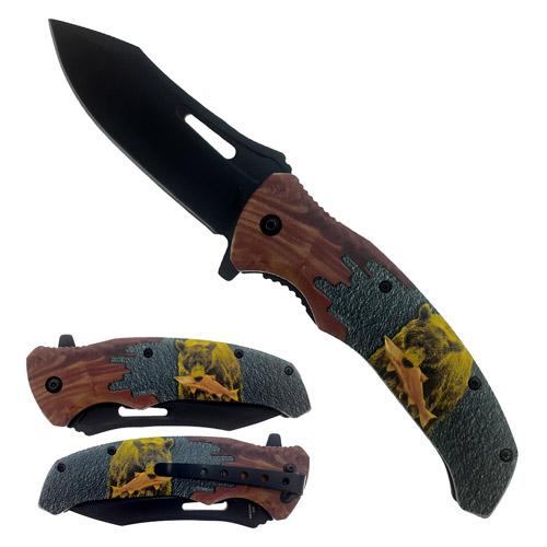 8.5" Faux Wood Spring-Assisted Pocket Knife - Bear image
