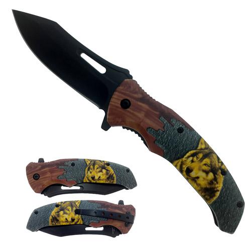 8.5" Faux Wood Spring-Assisted Pocket Knife - Wolf image