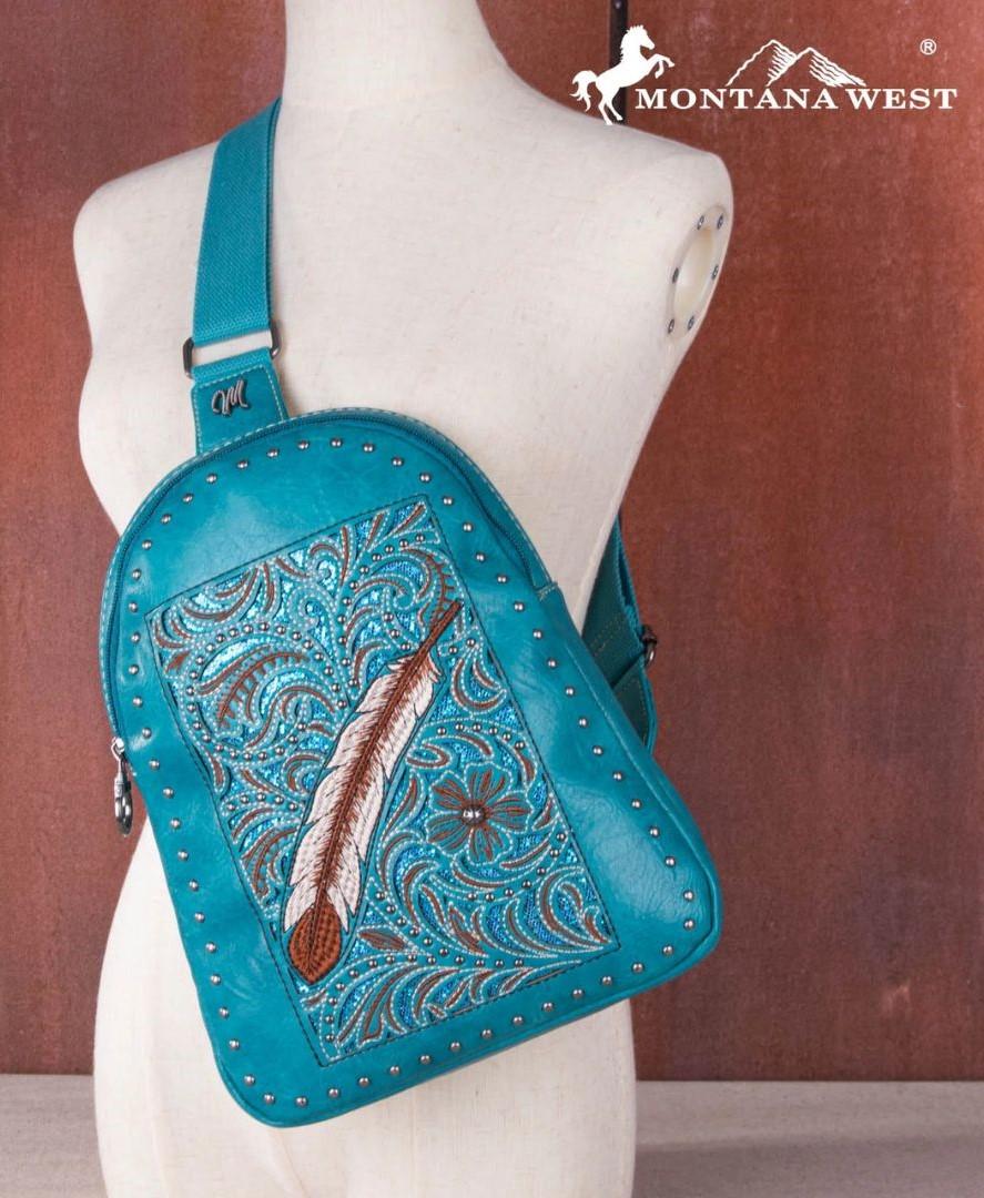 Montana West Feather Embroidery Crossbody Bag - Turquoise image
