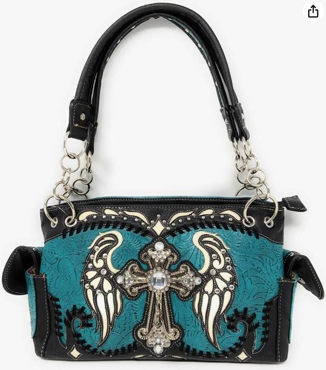 Western Rhinestone Winged Cross Tooled Leather Handbag - Turquoise image