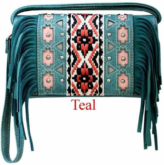 Western Aztec Embroidery Wallet Purse With Studs & Fringes - Teal image