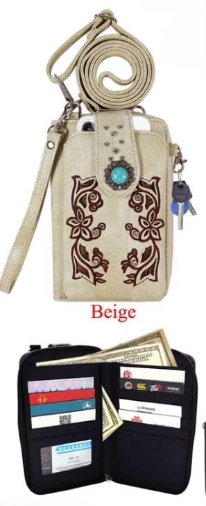 Flower Embroidery Phone Wallet With Rhinestone Studs - Beige image