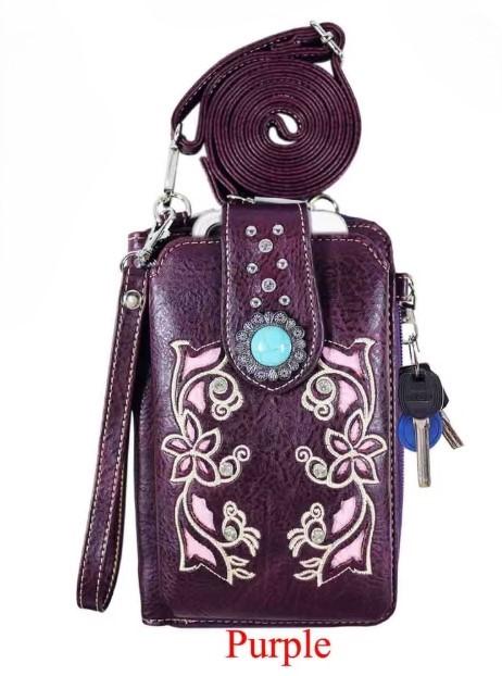 Flower Embroidery Phone Wallet With Rhinestone Studs - Purple image