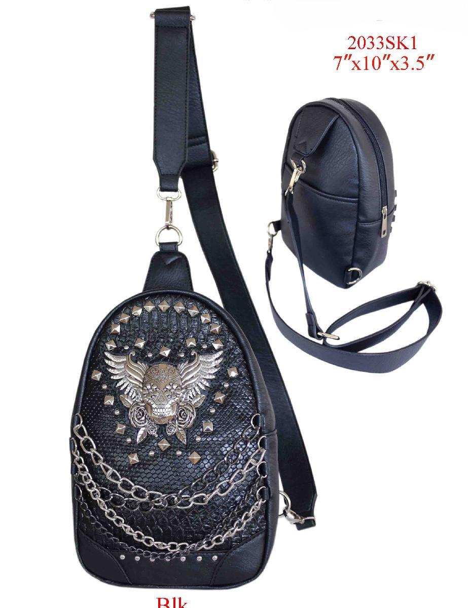 Studded Skull Chain Crossbody Backpack - Black image