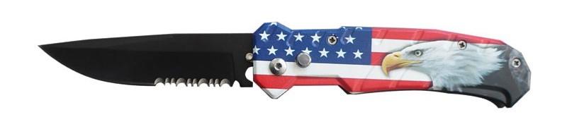 8" Automatic Knife Clip Point Serrated Switchblade - USA Flag Eagle image