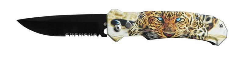 8" Automatic Knife Clip Point Serrated Switchblade - Leopard Print image