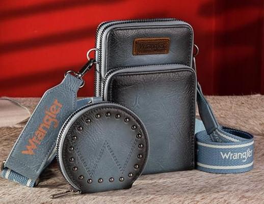 Wrangler Crossbody Cell Phone Purse 3 Zippered Compartment With Coin Pouch - Jean image