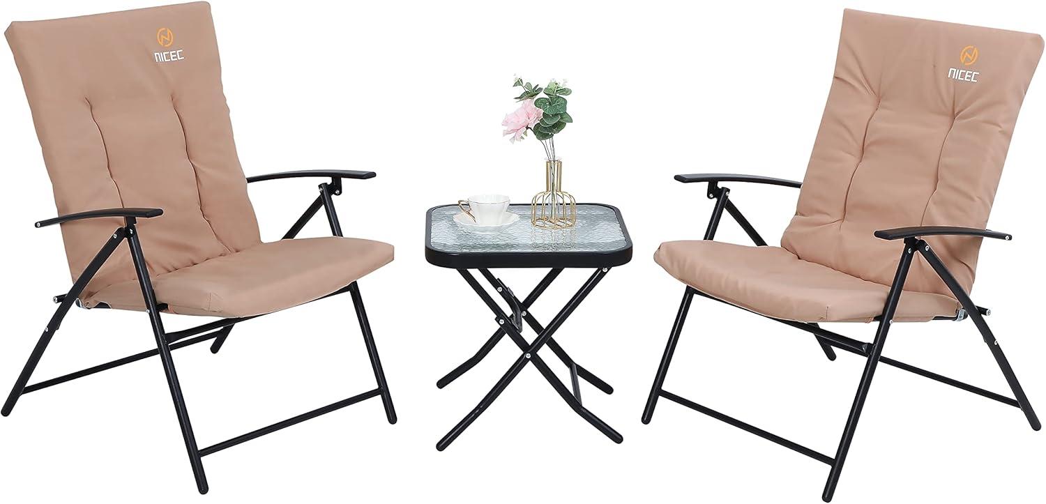 Nice C 3-Piece Patio Bistro Set, Outdoor Folding Chairs and Glass Table, Khaki Garden Furniture image