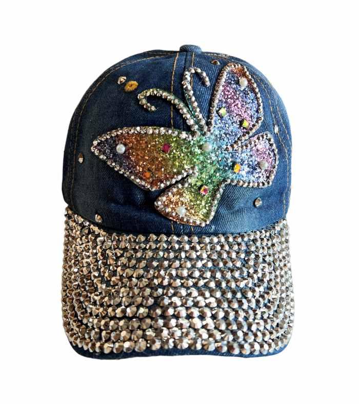 Butterfly Rhinestones Blue Denim Baseball Cap image