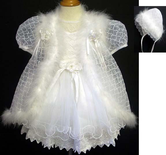 Girls 3Pc Designer Style Christening Dress With Fur (9-24 Mos) image