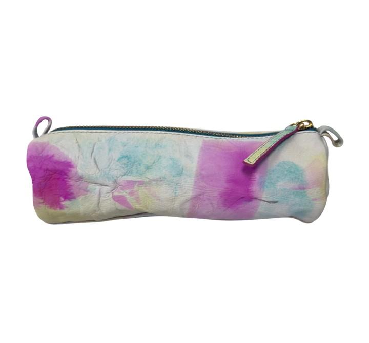 Top Grain Leather Accessory Pouch - Zippered - 8.5" x 2.75" x 2.75" - Pink Yellow Abstract - Item #8284 10340013 image