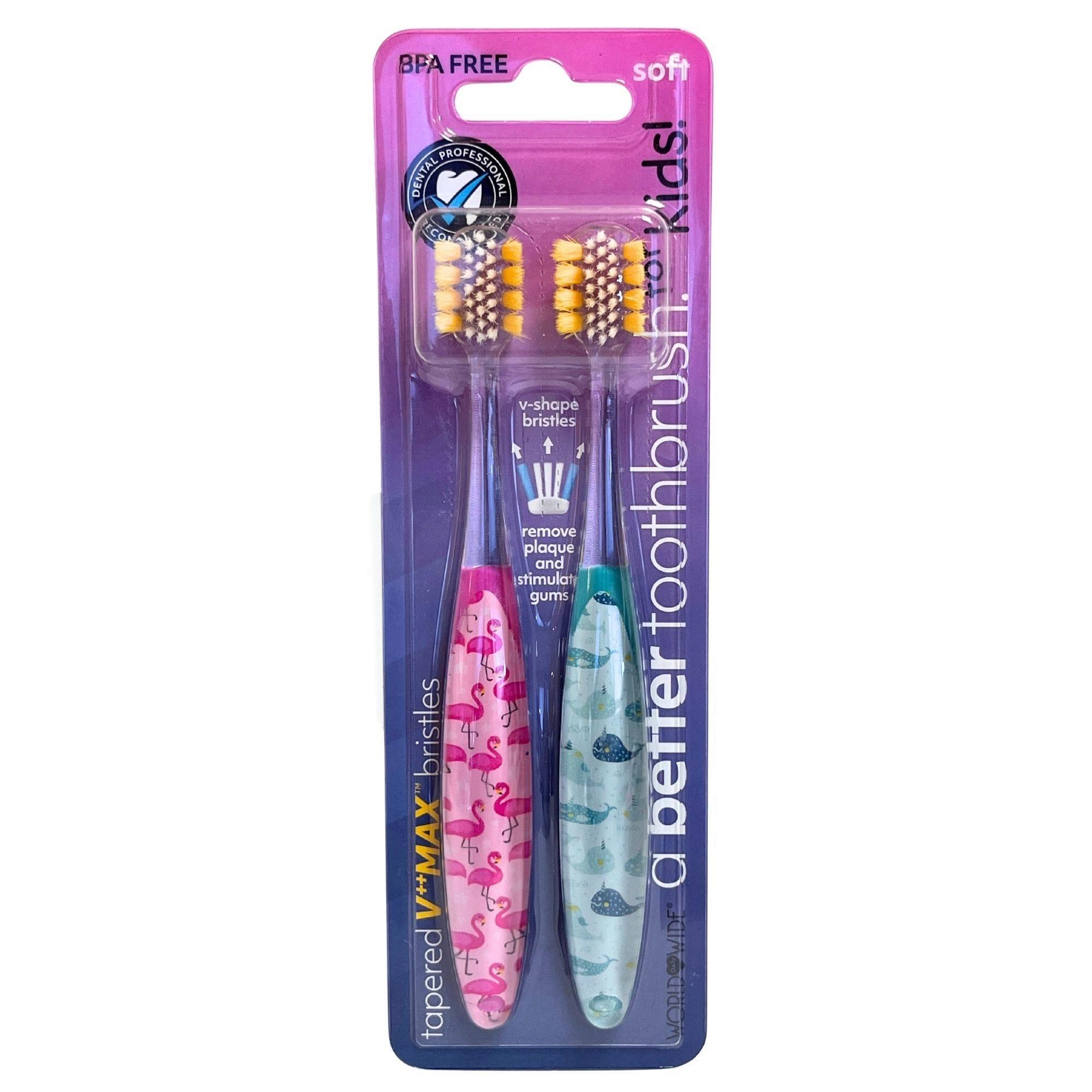 Two Pack V Max Kids Toothbrushes with Flamingo + Narwhal Design image