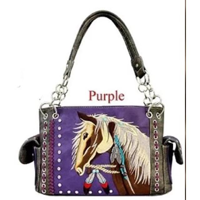 Western Horse Embroidery Concealed Carry Purse - Purple image