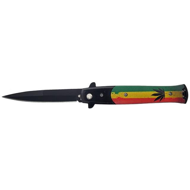 4.88" Push Button Switchblade Folding Pocket Knife - Marijuana Leaf Graphic image