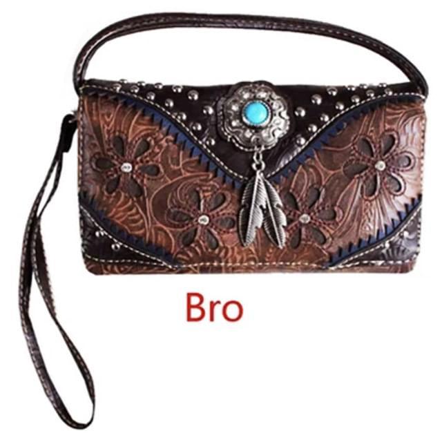 Western Concho Flower Embroidery Wallet - Brown image