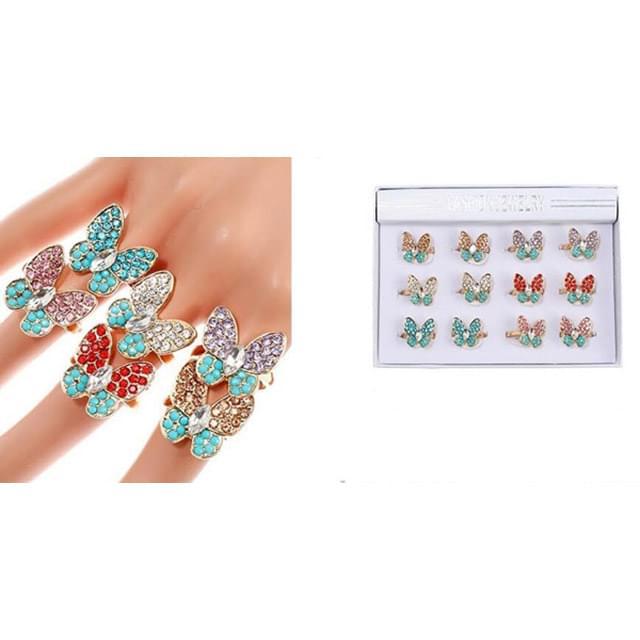 Colorful Rhinestone Butterfly Rings - Assorted image