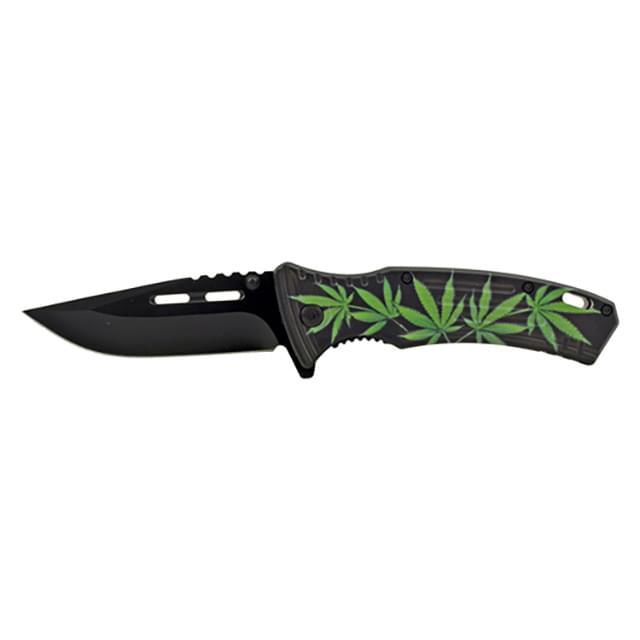4.75" Spring-Assisted Drop Point Folding Pocket Knife - Green Marijuana Leaf image