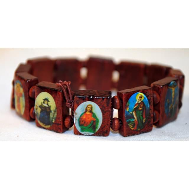 Wood Rosary Bracelets With Saint Portraits - Red image