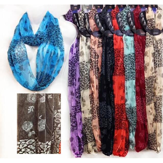 Lightweight Infinity Scarves With Leopard & Roses Print - Assorted image
