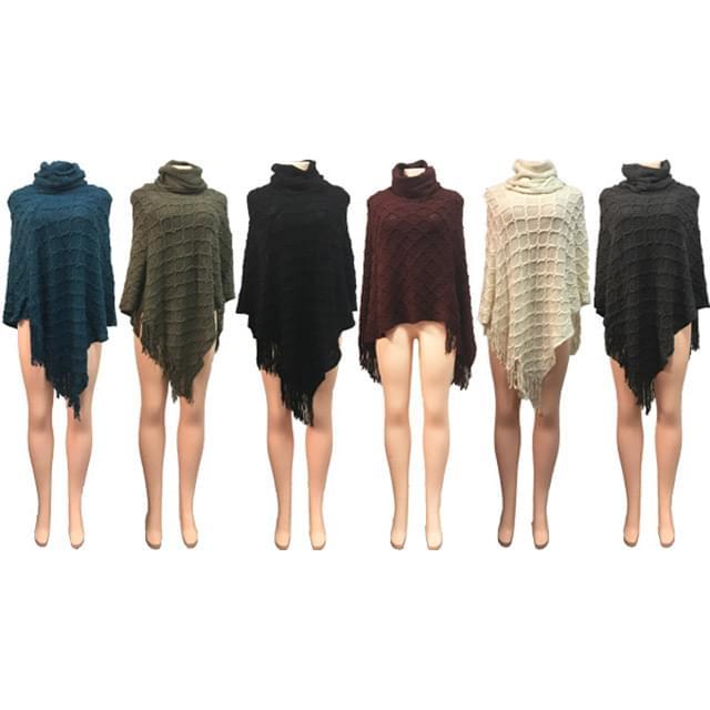 Raised Square Pattern Knitted Winter Ponchos - Assorted image