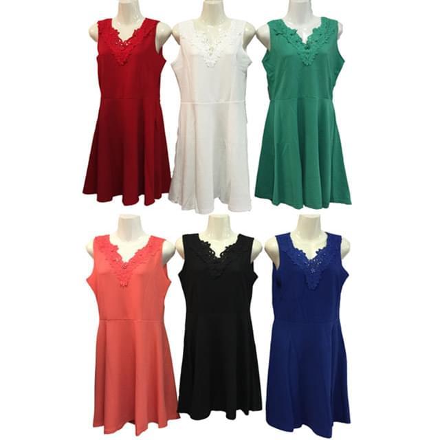 Solid Color Crochet Neck Dresses With Imitation Pearls - Assorted image
