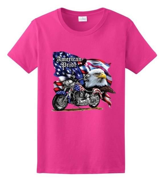 "American Pride" USA Flag Eagle Motorcycle T-Shirts - Pink XXL image