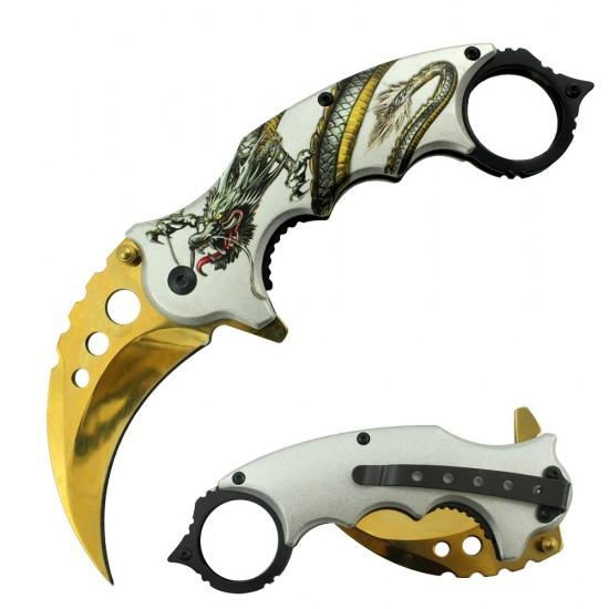 7" Spring-Assisted Dragon Karambit Knife - Gold image