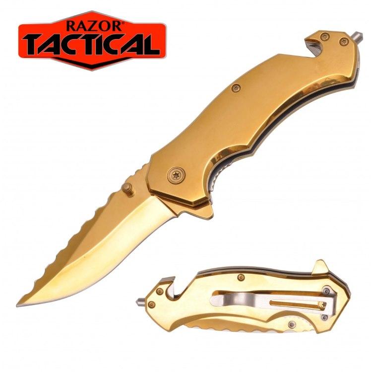 Titanium Coated Spring-Assisted Rescue Knife - Gold image