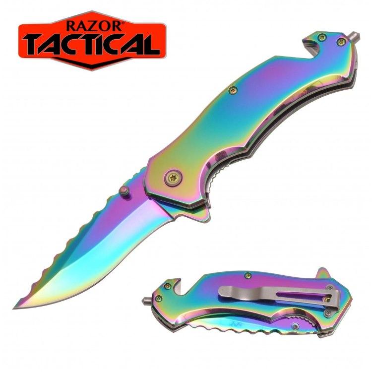 Titanium Coated Spring-Assisted Rescue Knife - Rainbow image