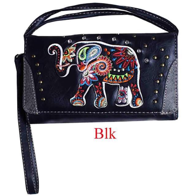Rhinestone Elephant Embroidery Wallet - Black image