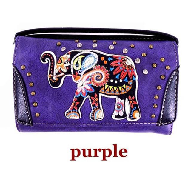 Rhinestone Elephant Embroidery Wallet - Purple image