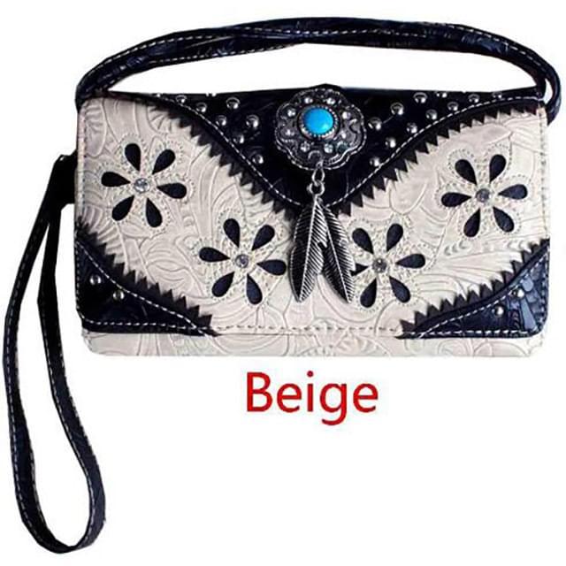 Western Concho Flower Embroidery Wallet - Beige image