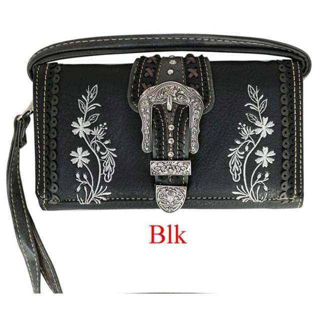 Floral Embroidery Western Wallet With Buckle - Black image