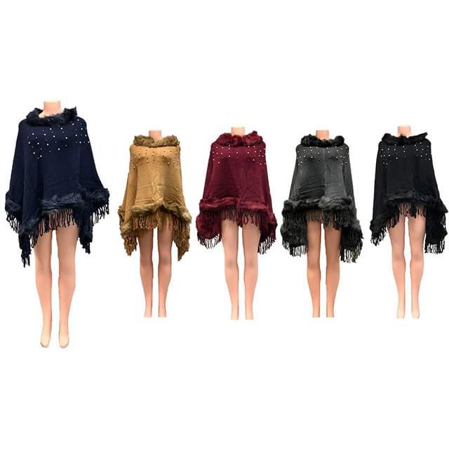 Solid Color Faux Fur Ponchos With Fringes And Pearl Beads - Assorted image