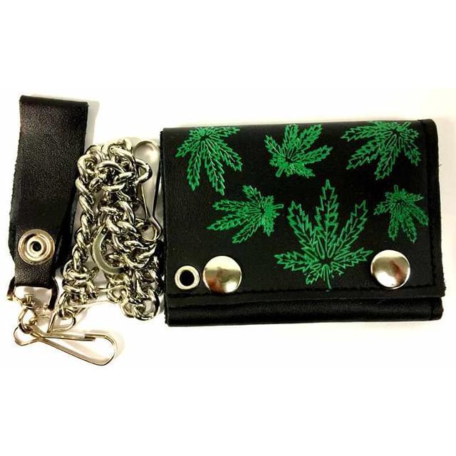 Wholesal Marijuana Leaves Printed Leather Chain Tri-fold Wallet image