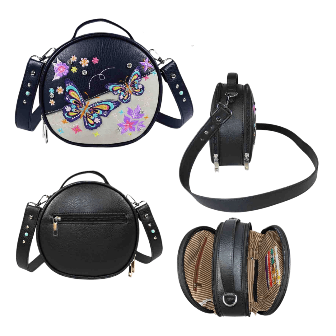 Butterfly Embroidery Round Crossbody Bag - Black image