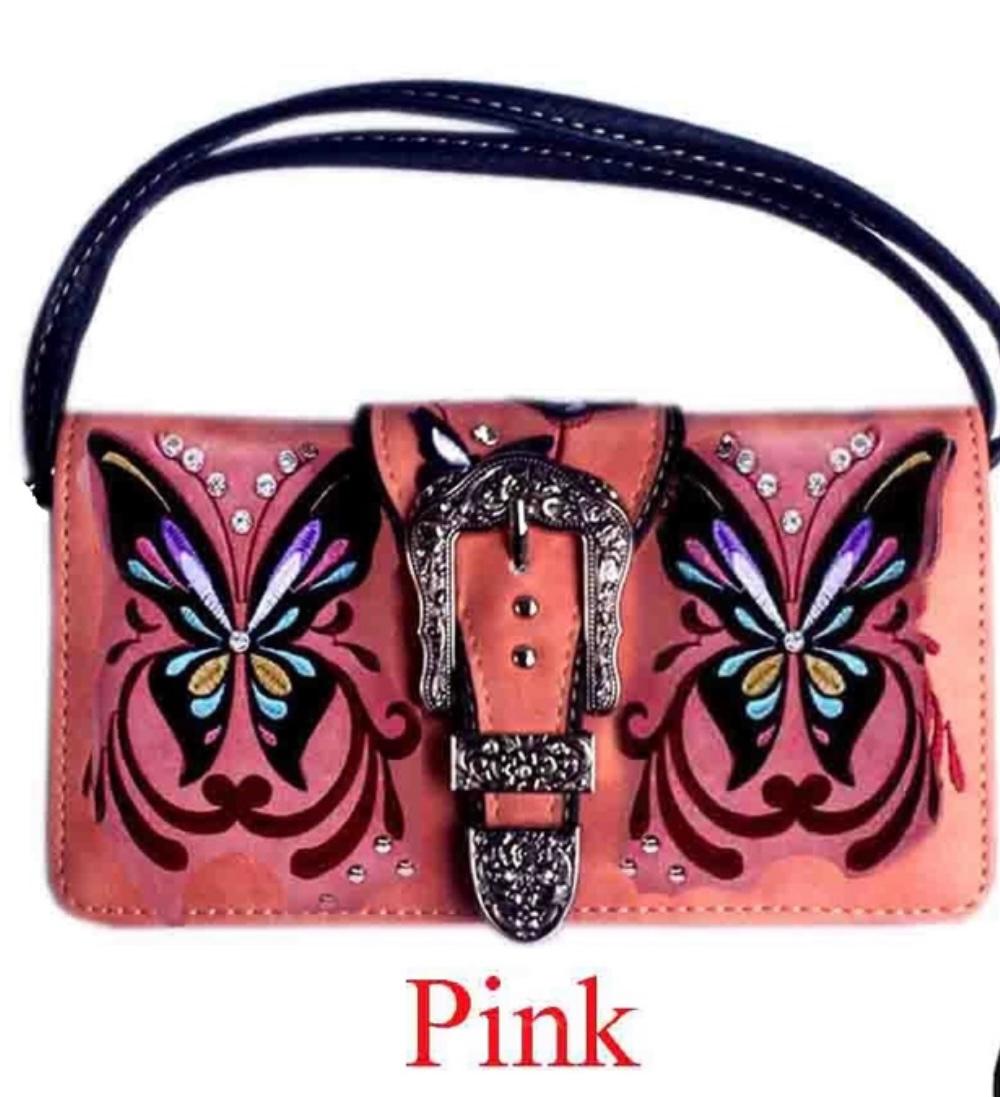 Rhinestone Buckle Butterfly Wallet - Pink image