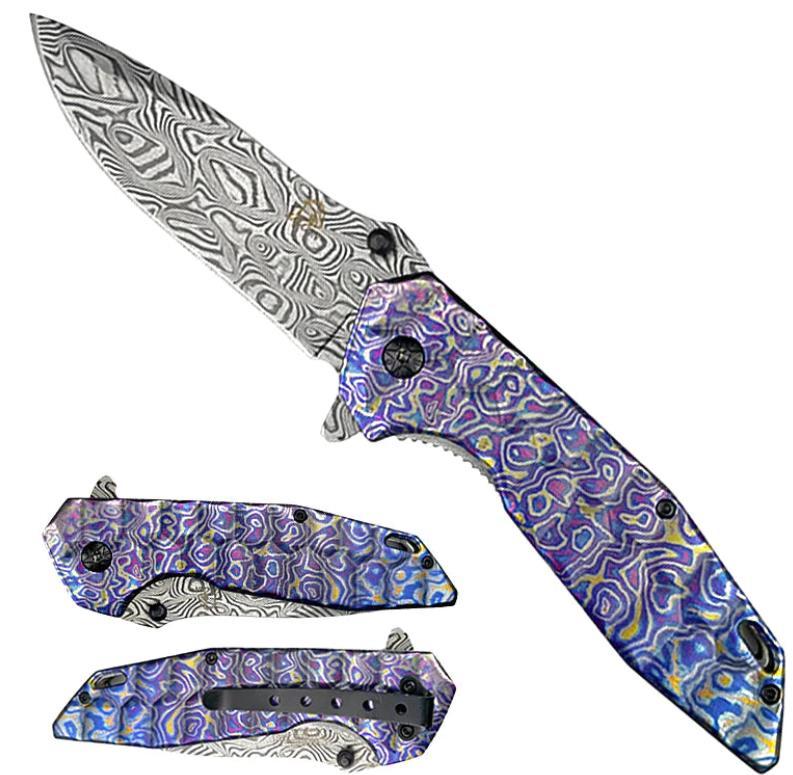 Falcon 8.5" Damascus Spring Assisted Pocket Knife - Purple image