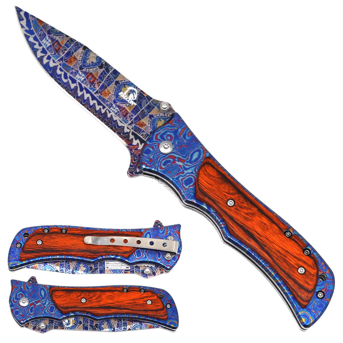 8" Damascus Blade Spring Assisted-Knife With Wood Handle - Blue Patchwork image