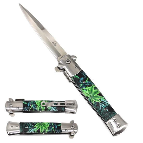9" Spring Assisted Stiletto Knife - Green Marijuana Leaf Design image