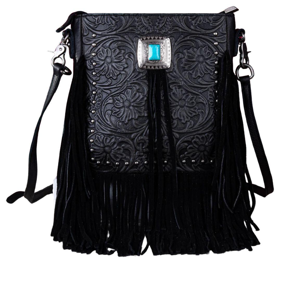 Montana West Genuine Leather Tooled Silver Turquoise Concho Fringe Crossbody - Black image