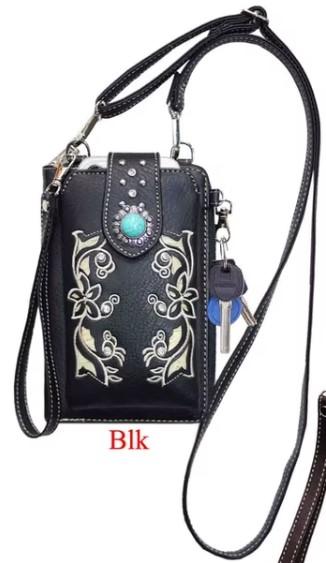 Flower Embroidery Phone Wallet With Rhinestone Studs - Black image