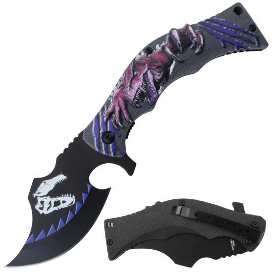 3D Printed Assisted Folding Knife With Pocket Clip - Purple Dino image
