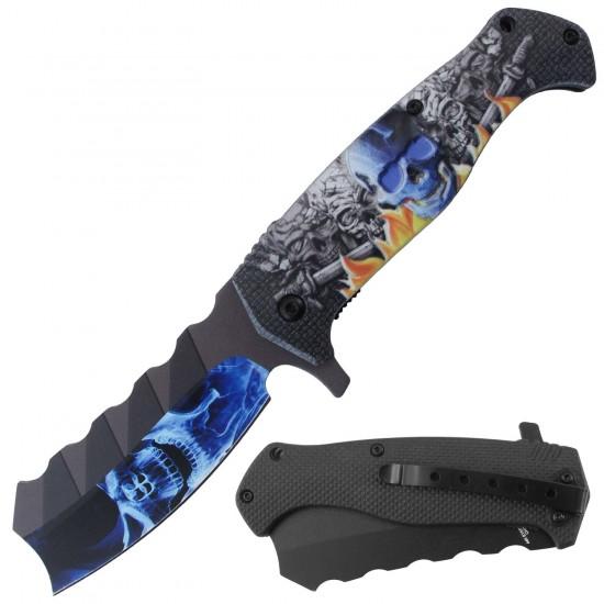 3D Printed Assisted Folding Knife With Pocket Clip - Blue Skull & Flames image