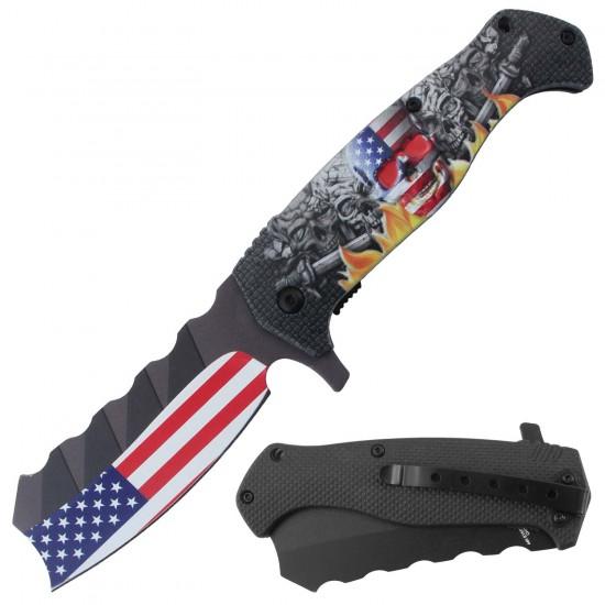 3D Printed Assisted Folding Knife With Pocket Clip - USA Flag Skull & Flames image