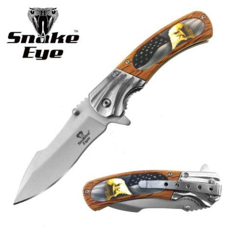 8'' Snake Eye Tactical Spring-Assisted Knife With Wood Handle - USA Flag Eagle image